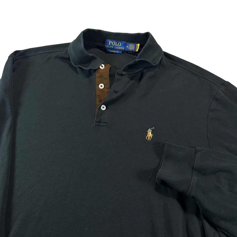 Polo Ralph Lauren Polo Shirt Mens M Black Classic Fit Long Sleeve Suede Placket